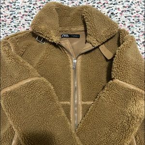 Like New Zara teddy coat with suede details and belt detail around collar
